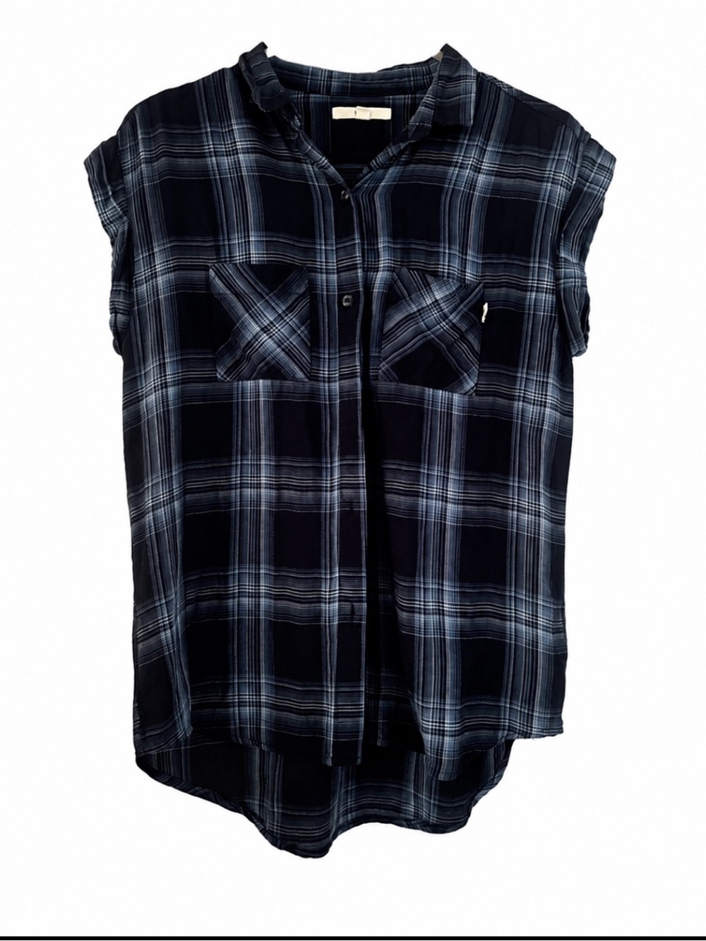 Vans Navy and Light Blue Plaid Short-Sleeve Button Front Top